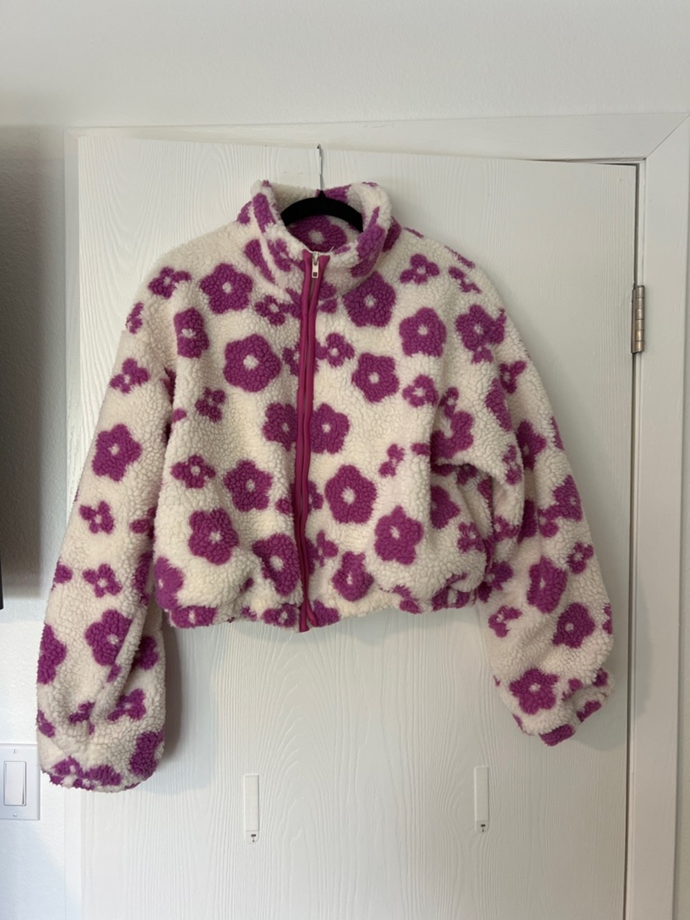 HYFVE Cream Sherpa Jacket with Purple Floral Print